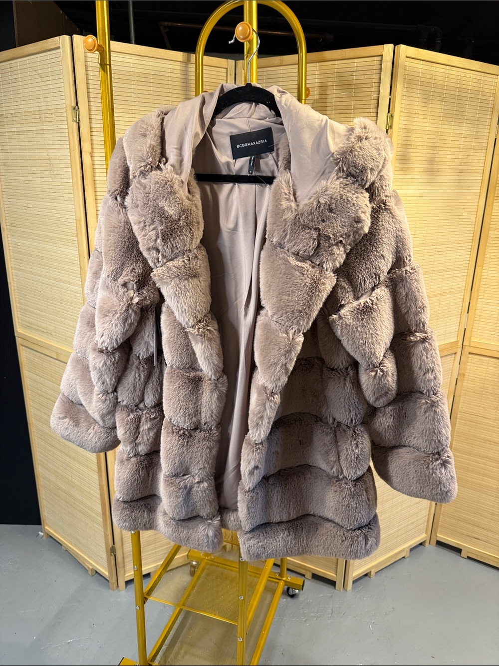 BCBGMaxAzria Plush Taupe Faux Fur Hooded Jacket